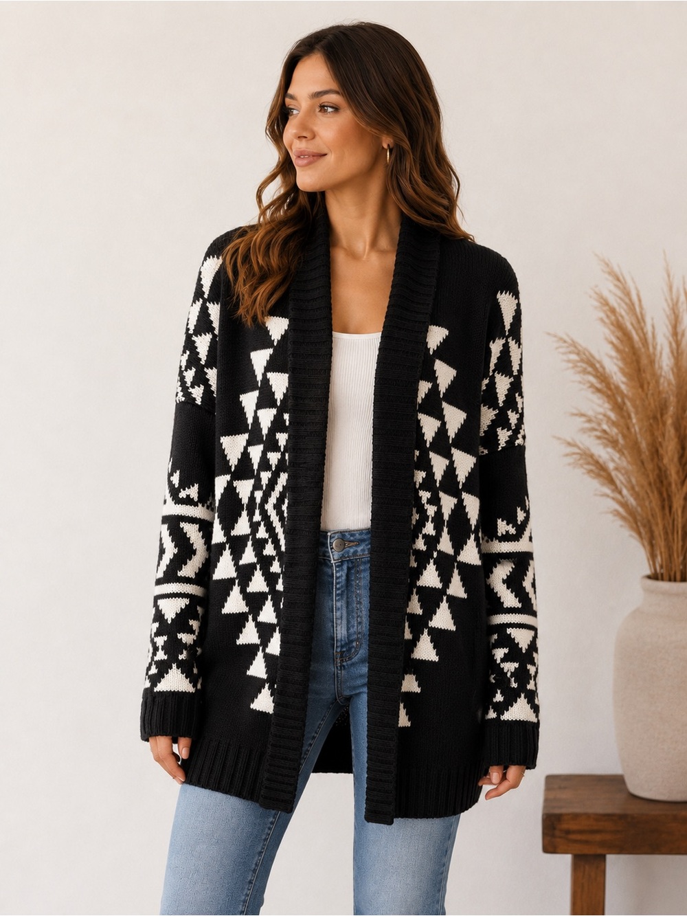 Express Black and White Geometric Open-Front Cardigan Sweater L